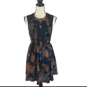 Esley Orange & Navy Sheer Panels Paisley Print Sleeveless Fit-and-Flare  Dress
